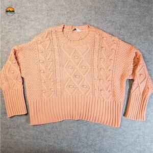 Zara Pullover Oversized Sweater Pink Pompom Argyle Chunky Cable Knit Women's M